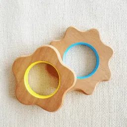 babycov Cute Flower Shape Natural Neem Wood Teethers for Baby Set of 2 (Age 4 Months) Teether image 2