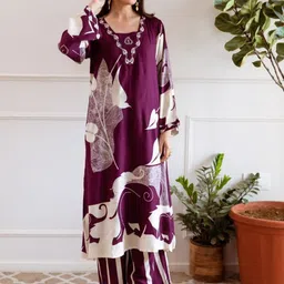 Anouk Purple Animal Printed V-Neck Beads & Stones Straight Kurta With Palazzos-picture-43