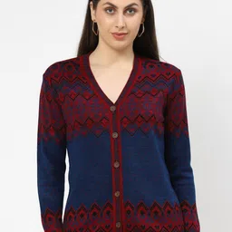 Kalt Women Open Knit Self Design Cardigan V-Neck Sweaters-image-5