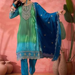 MANVAA Bandhani Embroidered Notch Neck Sequinned Straight Kurta With Trousers & Dupatta-image-86