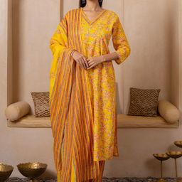 SHIVARA Women Floral Printed Cotton Kurta with Trousers & Dupatta-image-77