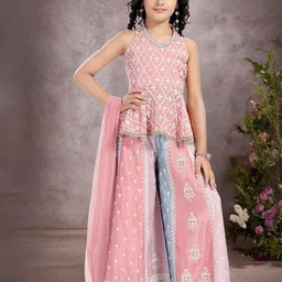 PINK LEAF Girls Floral Embroidered Sleeveless Pure Silk Top With Skirt-image-50