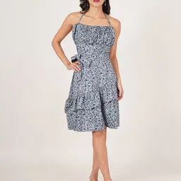 U&F Colourblocked Print Tie-Up Neck Crepe Fit & Flare Dress-image-57