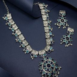 NAMAN ARTS Silver-Plated Stone Studded & Beaded Oxidised Jewellery Set-image-64