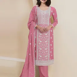 ODETTE Floral Embroidered Semi-Stitched Dress Material-image-92