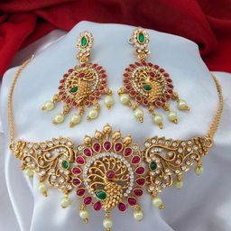 Anouk Gold-Plated Cubic Zirconia-Studded & Pearls Beaded Jewellery Set-image-10