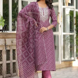 Anni Designer Leheriya Printed Regular Thread work Straight Kurta with Trousers & Dupatta image 1