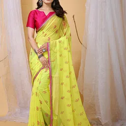 DIVASTRI Yellow Printed Poly Georgette Jamdani Sarees-picture-5