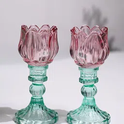 MARKET99 Green & Pink Set of 2 Lotus Glass T-Light Candle Holders-16