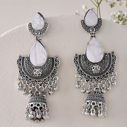 Sangria Stainless Steel Silver-Plated Half Moon Beaded Oxidized Dome Shaped Jhumkas-11