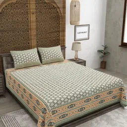 CLOTHOLOGY Green & White Ethnic Motifs 180 TC King Bedsheet with 2 Pillow Covers-picture-34