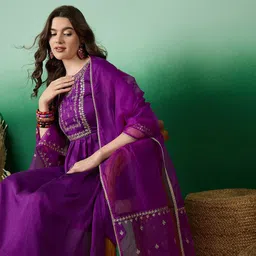 sangria SangriaZari Sequence Embroidered A-Line Kurta & Trousers With Dupatta image 5