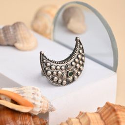 Anvik Silver-Plated American Diamond Studded Crescent Moon Shaped Finger Ring-image-29