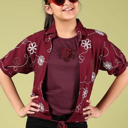 V-Mart Girls Floral Embroidered Round Neck Puff Sleeve Cotton Top-picture-37