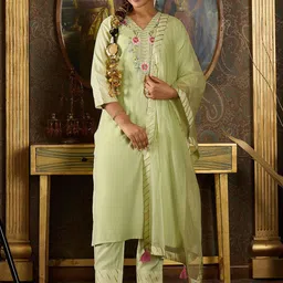 Indo Era Floral Embroidered Stones & Beads Work Kurta With Trousers & Dupatta-picture-12