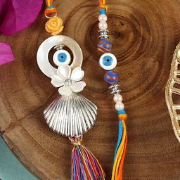 Asthetika Set Of 2 Evil Eye Floral Charm Bhaiya Bhabhi Rakhis With Roli Chawal-image-32