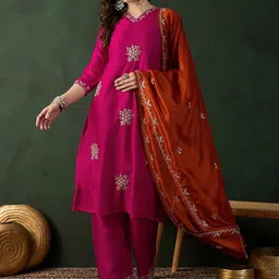 Sangria Embroidered Kurta Set With Dupatta-37