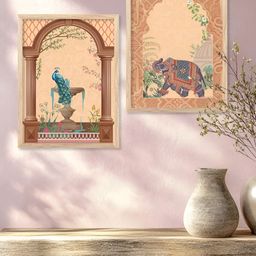 Kotart Brown & Teal 2 Pieces Floral & Elephant Printed Wooden Wall Arts-picture-48