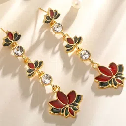 Stefan Gold-Plated Kundan Studded Meenakari Floral Shaped Drop Earrings-picture-37