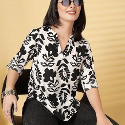 EVERYDAY by ANI Floral Print Monochrome Mandarin Collar Roll-Up Sleeves Shirt Style Top-image-91