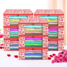 Kuber Industries Red 9 Pieces Floral Printed Foldable Drawer Organisers-47