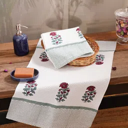 JAYPORE White & Green Floral Printed Block Print Rectangle Cotton 210 GSM Towel Set-16
