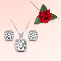Peora Silver-Plated Crystals Studded Square Shaped Pendant and Earrings With Rose-22