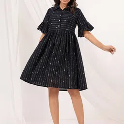 Janasya Women Black Cotton Striped Fit and Flare Dress-image-90