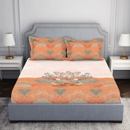 SPACES Essentials Coral & Green Floral 130 TC Queen Bedsheet with 2 Pillow Covers-image-18