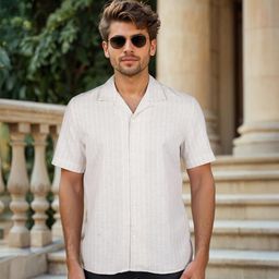 Celio Men Regular Fit Cuban Collar Vertical Striped Pure Linen Casual Shirt-image-89