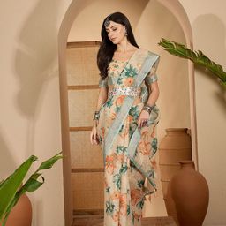 Sangria Floral Digital Printed Zari Border Belted Saree With Unstitched Blouse Piece-image-78