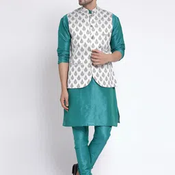 TS LIFESTYLE Mandarin Collar Dupion Silk Straight Kurta With Churidar & Nehru Jacket-image-86