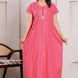 HARGUN NIGHT WEAR Floral Printed With Embroidered Cotton Maxi Nightdress-image-82