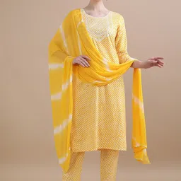 Jaipur Kurti Yellow Leheriya Printed Thread Work Pure Cotton Kurta with Trouser & Dupatta-picture-2