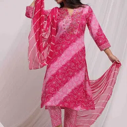 Anouk Women Bandhani Printed Regular Mirror Work Pure Cotton Kurta with Trousers & With Dupatta-23