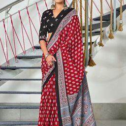 PEENGAX Ethnic Motifs Printed Pure Cotton Block Print Saree-image-48