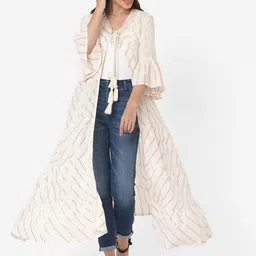 HRITIKA Self Design Tie-Up Neck Bell Sleeves Cotton Longline Shrug-23