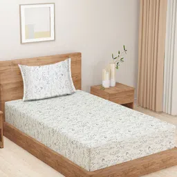 SWAYAM Ananda White & Green Printed Cotton 210 TC Single Bedsheet Set-2.28 m x 1.50 m-38