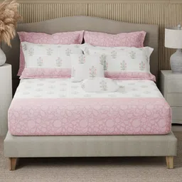 Boutique Living India Pink & White Printed 400TC Cotton King Bedsheet Set 2.74 m x 2.74 m-picture-26