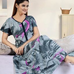 LIFE-TALE Women Grey Pure Cotton Nightdress-image-85