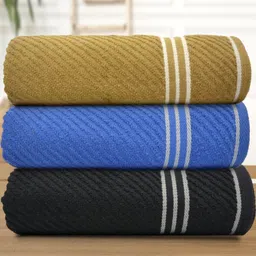 Myntra Elegant Homes Yellow & Blue 3 Pieces Striped Cotton 400 GSM Bath Towels-image-8