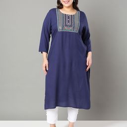 Sztori Plus Size Floral Yoke Design Sequinned Straight Kurta-image-35