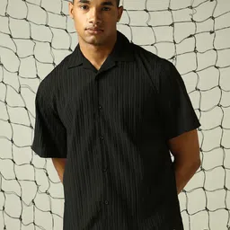 Hubberholme Men Classic Opaque Solid Cuban Collar Textured Fabric Oversized Casual Shirt-image-75