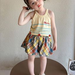 LULU & SKY Girls Printed Cutaway Neck Sleeveless Top With Checked Shorts-image-20