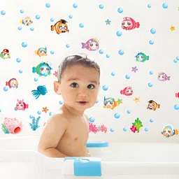 Asian royal Blue & Green Bubble Fishes Printed Wall Sticker-image-18