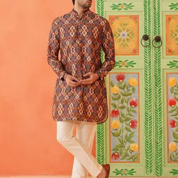 TheEthnic.Co Geometric Printed Mandarin Collar Cotton Silk Straight Kurta-image-68