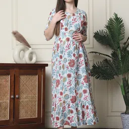 Frempy Floral Print Bell Sleeve Organic Cotton Maternity A-Line Maxi Dress-52