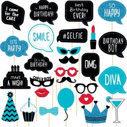 Blue & Black Theme Birthday Photo Booth Props / Birthday Decorations - 27 pcs Photo Booth Board-10