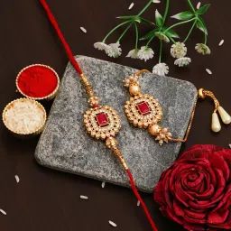 Bhaiya Bhabhi RAKHI224@41 Gold Finish Lumba, Bracelet, Chawal Roli Pack Set-image-4