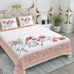 JAIPUR FABRIC Peach-Coloured & White Printed Cotton 260 TC King Bedsheet Set 2.74m x 2.74m-image-64